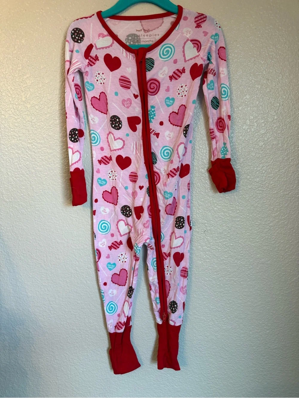 Little Sleepies Pink Heart & Candy Footed One-Piece with Red Trim